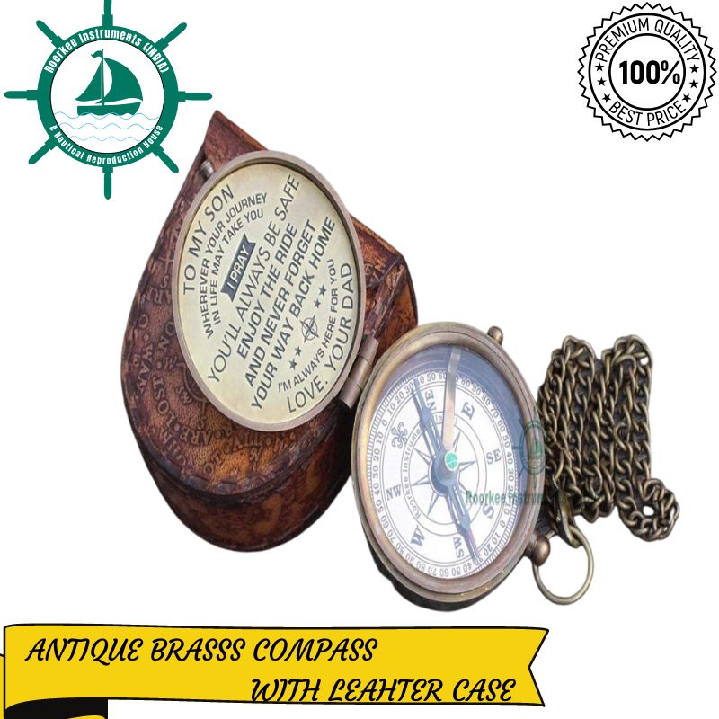 Antique Nautical Vintage Directional Magnetic Compass with Famous Scripture Quote Engraved Baptism Gifts with Leather Case or Wooden Case for Loved Ones, Son, Father, Love, Partner, Spouse, Fiancé.