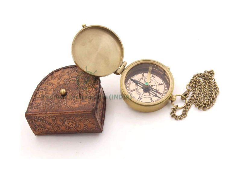 Vintage Brass Pocket Compass with Ralph Waldo Emerson Quote “Do Not Go Where the Path May Lead” – Engraved Inspirational Compass with Chain & Leather Case – Graduation, Travel, Gift for Men & Women
