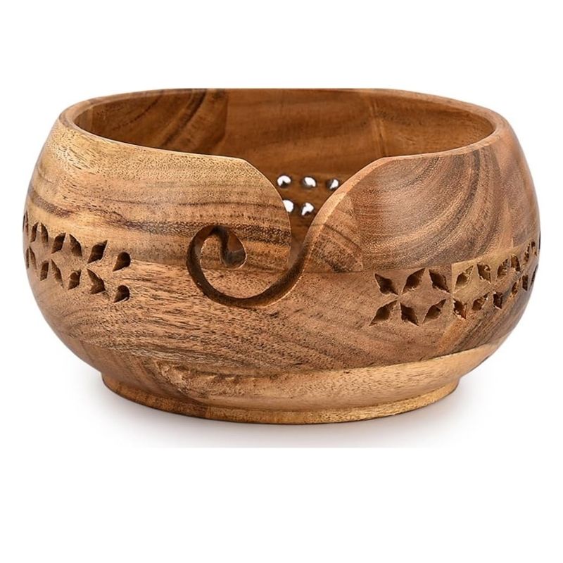Acacia Wood Yarn Bowl Holder |Hand Carved Yarn Bowls for DIY Knitting Crocheting Accessories (7 x 7x 4 )