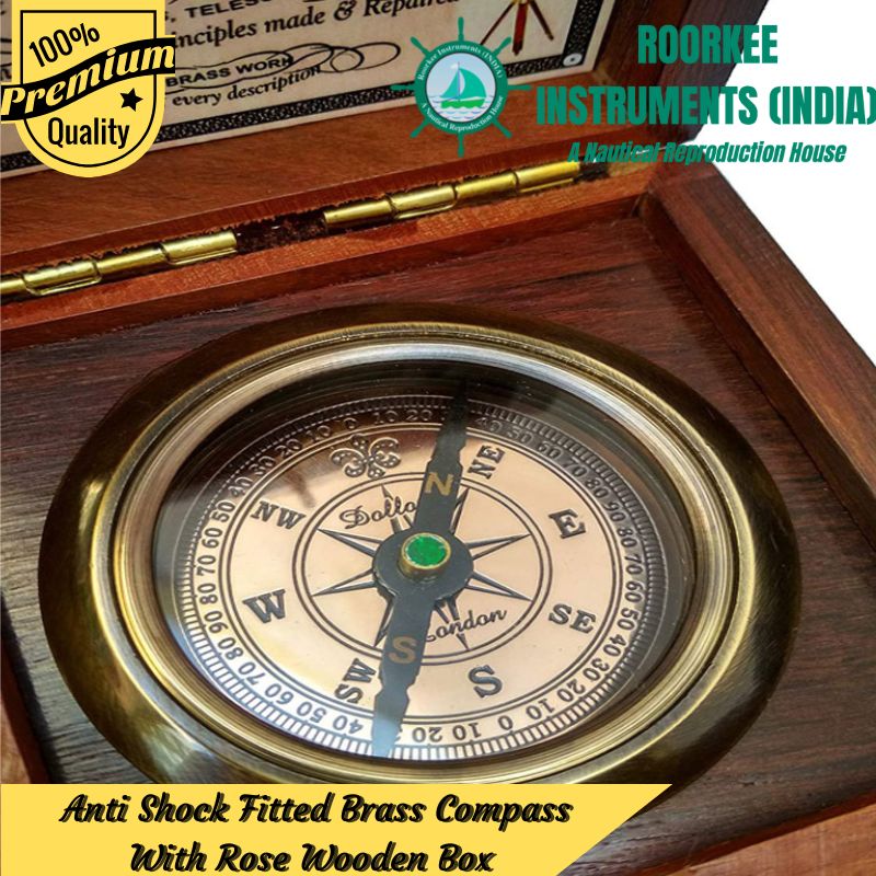 Brass Compass Handmade Gift Pocket with Rosewood Box Waterproof Anti Shock Outdoor Ship Camping Hiking Antique Compass Navigation Tool and Vintage Home Decor Wooden Carving Box