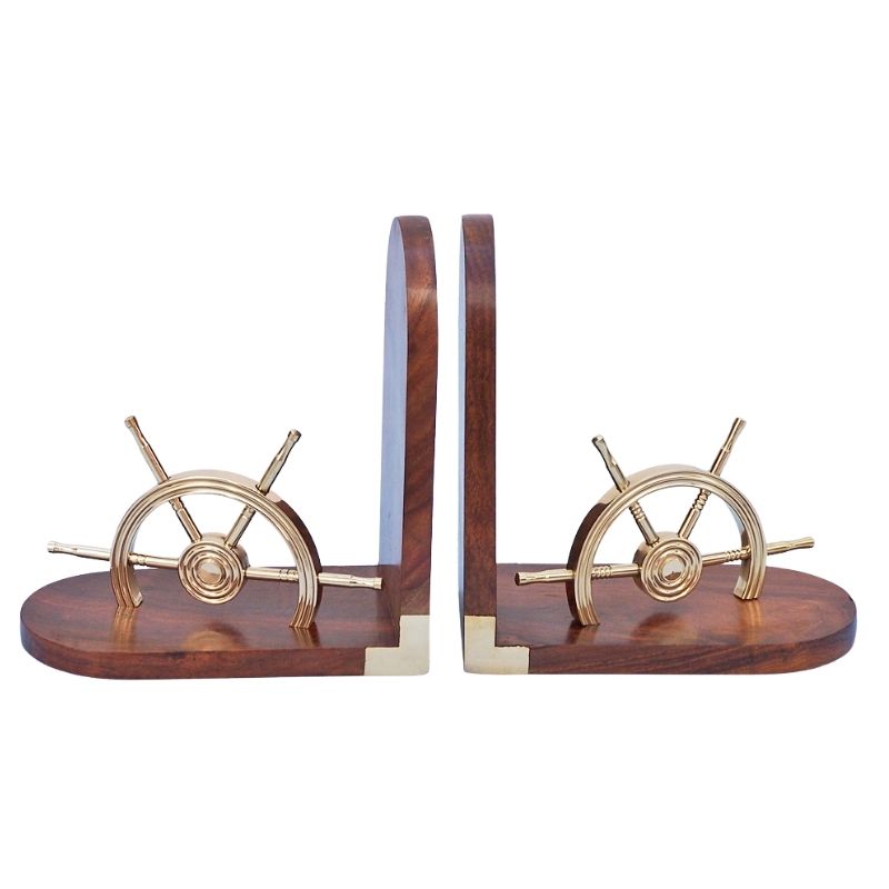 Handmade Wooden Brass Ship Wheel Bookends Set | Nautical Maritime Office Desk Library Decor