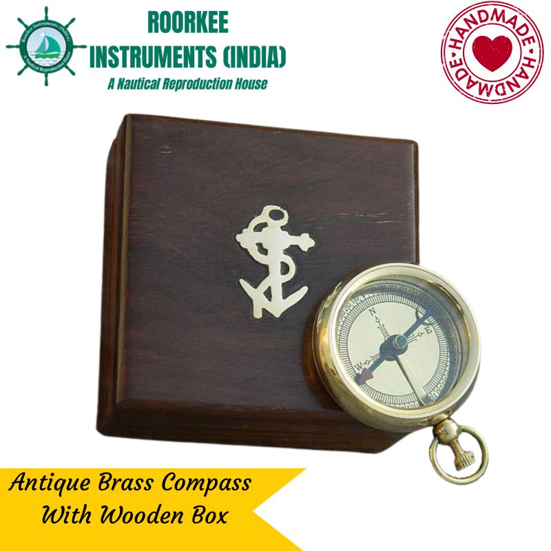 Collectible Antique Vintage Handmade Brass Compass With Wooden  Box Nautical Navigational Directional Pocket Compass 