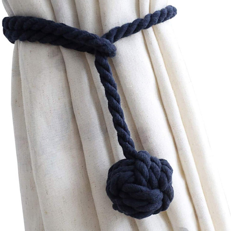 Pack Curtain Tiebacks, Handmade Natural Cotton Rope Drapery Tie Bakes, Decorative Holdbacks Holders for Window Sheer and Blackout Panels, Navy