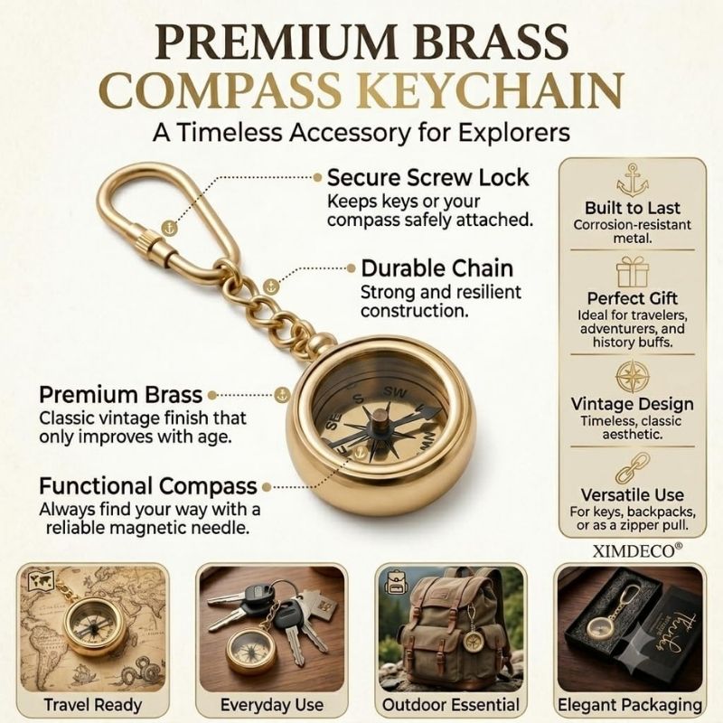 Vintage Antique Brass Compass Keychain | Directional Compass Key Ring | Compass for Kids Survival | Retro Metal Compass Keyring for Men & Women | Gift for Travelers & Adventurers