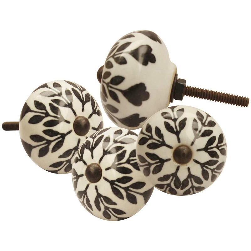 Set of 4 Ceramic Door Knobs , Black and White Floral Hand Painted Ceramic Pumpkin Cupboard Wardrobe Cabinet Drawer Door Handles Pulls Knob