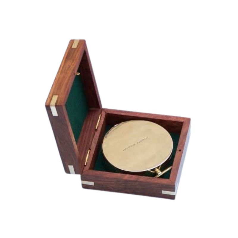 Nautical Solid Brass Gentlemen Compass with Wooden Box , 4 inches, Engravable Brass Compass