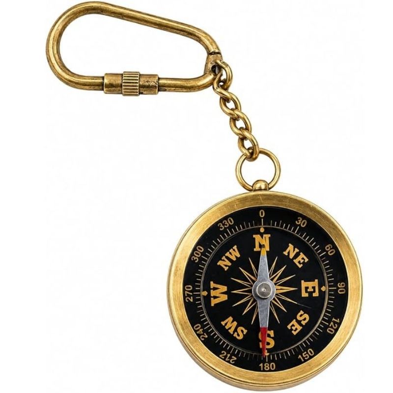 Brass Compass Keychain, Vintage-Style Nautical Pocket Compass Key Ring with Metal Chain and Clip, Mini Navigation Keychain for Sailors, Travelers & Collectors