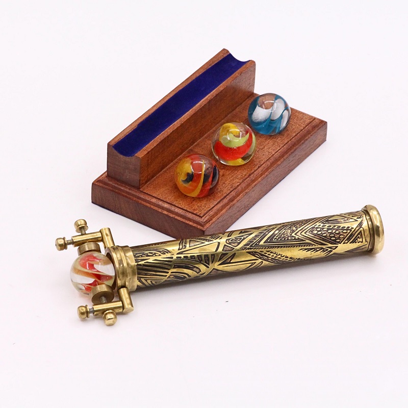 Handmade Brass Vintage Retro Kaleidoscope Toy, Interchangeable Marble Scope, Brass Barrel Kaleidoscope with Wooden Display Stand