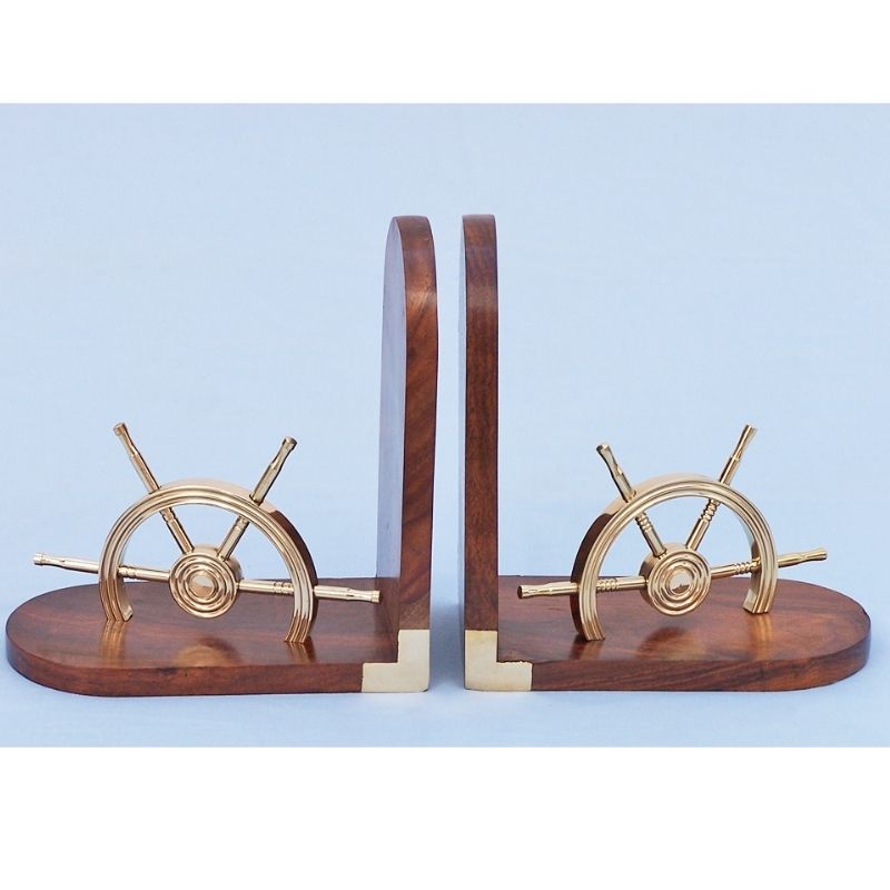 Handmade Wooden Brass Ship Wheel Bookends Set | Nautical Maritime Office Desk Library Decor