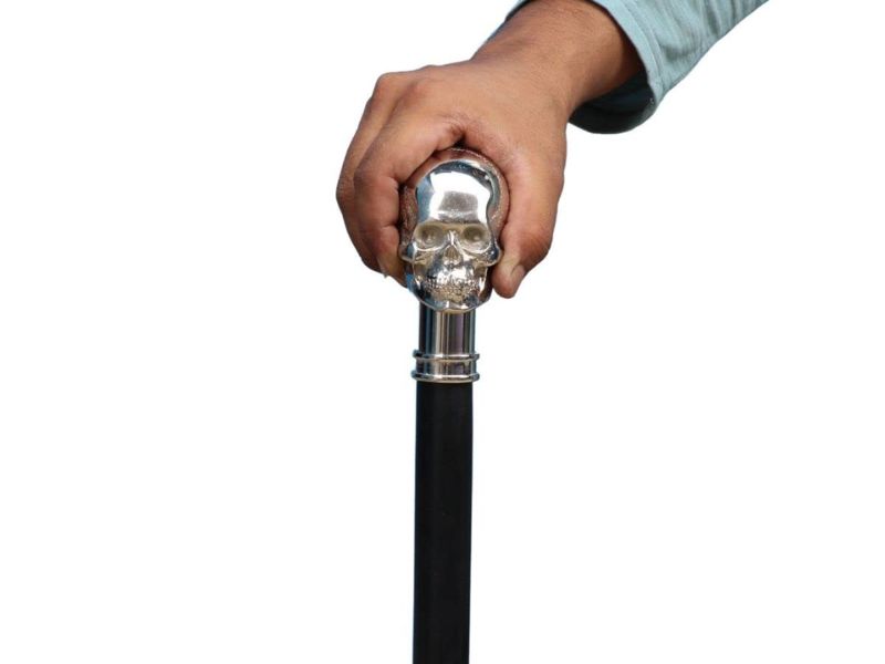 Brass Skull Walking Cane – Chrome Finish Skull Handle Walking Stick for Men – Steampunk Gothic Vintage Cane – Black Hardwood Shaft – Collectible Prop & Costume Accessory