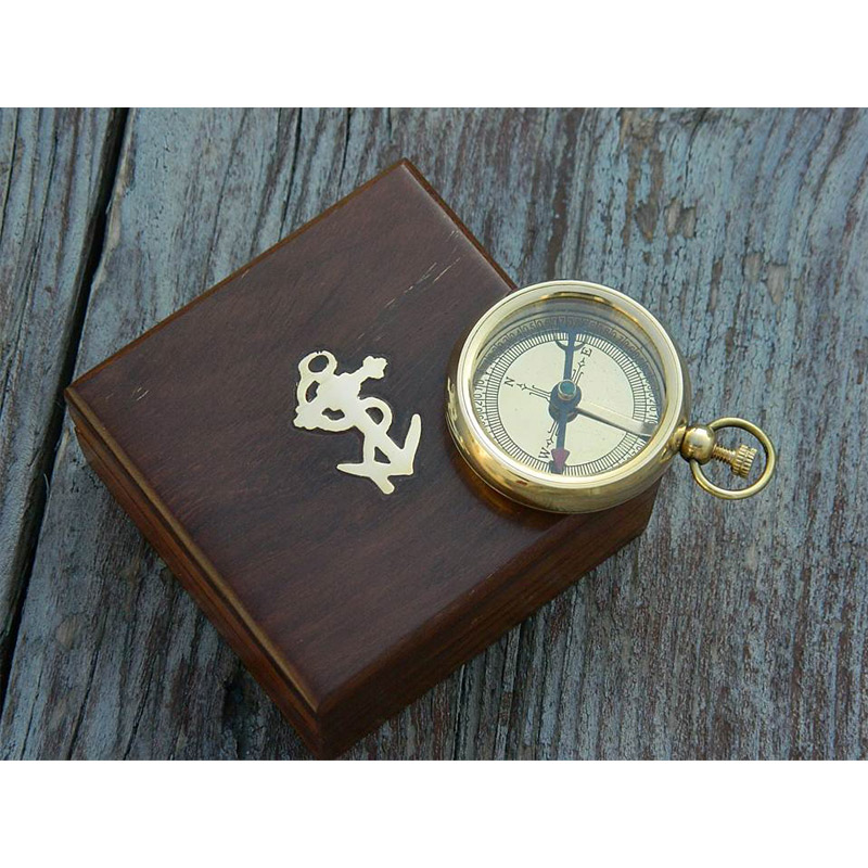 Collectible Antique Vintage Handmade Brass Compass With Wooden  Box Nautical Navigational Directional Pocket Compass 