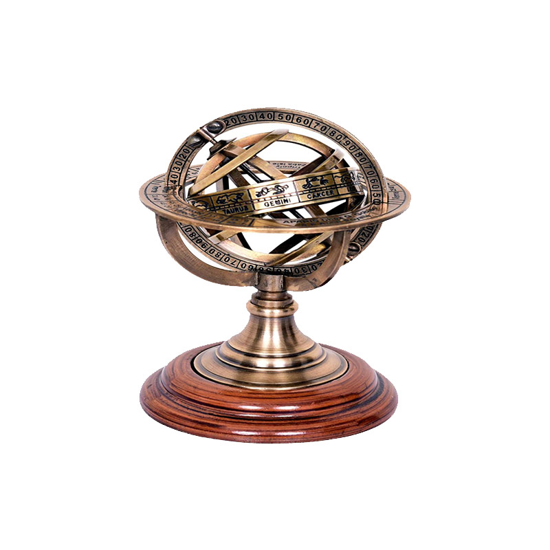 Brass Armillary Sphere Astrolabe On Wooden Base Maritime Nautical and Collectible