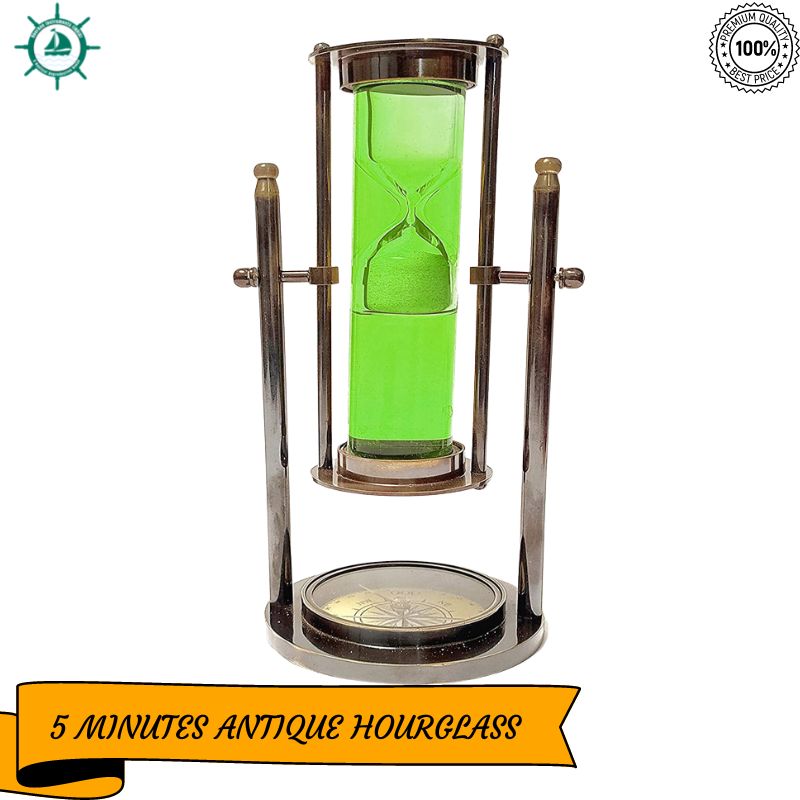 8.66 Inch Colourful Water Filled Tube Floating Sand Timer Hourglass with Compass - Handmade Rustic Decor Antique Brass Enclosed