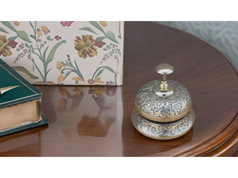 Solid Brass Victorian Service Desk Bell – Vintage Embossed Table Call Bell for Hotel, Office, Reception, Restaurant, and Home Décor – Antique Brass Finish, Loud & Clear Ringing