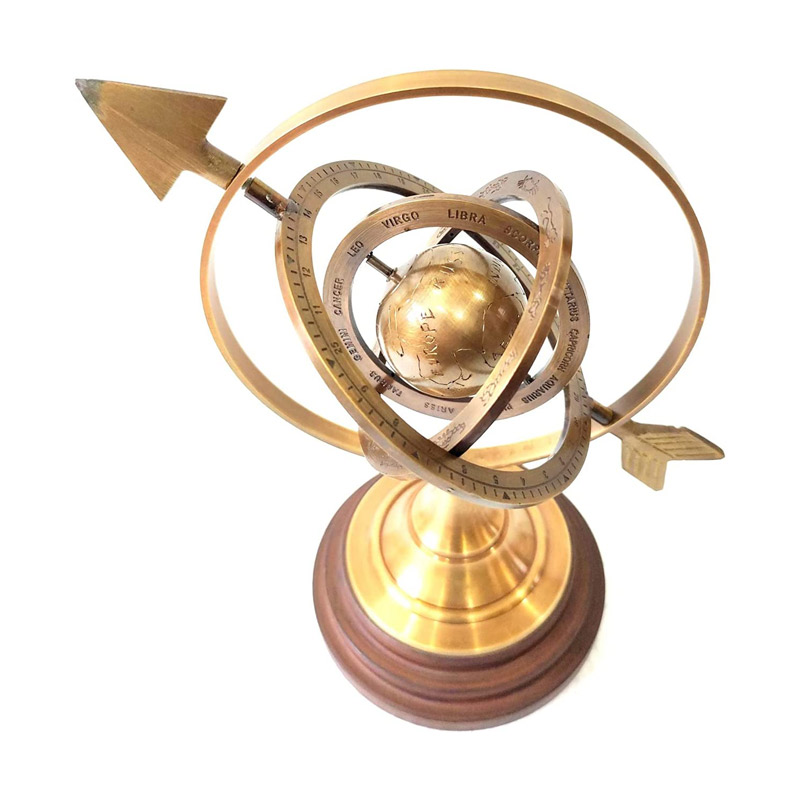 Brown Antique Size 12 Inch Lobe Armillary Globe Showpiece, Brass Armillary with Wooden Base Sphere Decor, Nautical Brass Decor