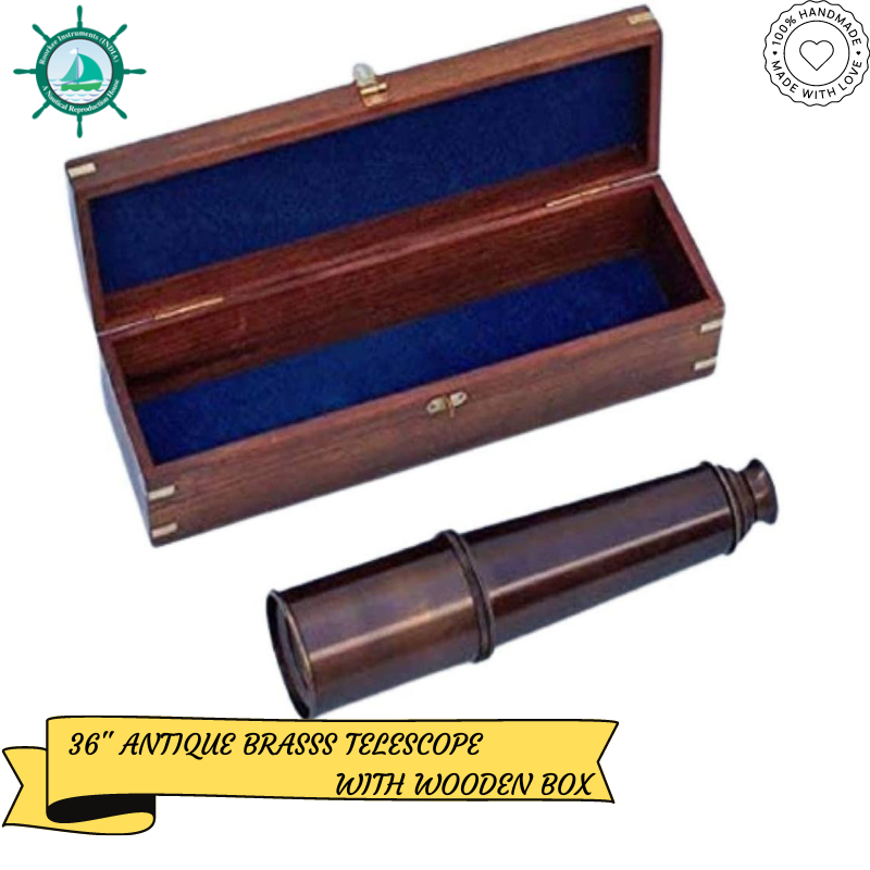 36 Inches Brass Spyglass Telescope w/Rosewood Box/Nautical Home Decor/Coastal Living Decoration/Beach House Decor