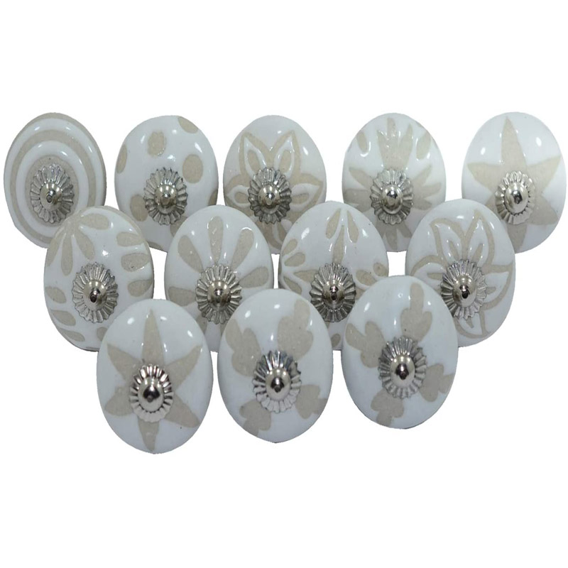 Premium Quality Assorted Ceramic Knobs- Mix Designed Ceramic Cupboard Cabinet Door Knobs Drawer Pulls & Chrome Hardware (12, White Beige)