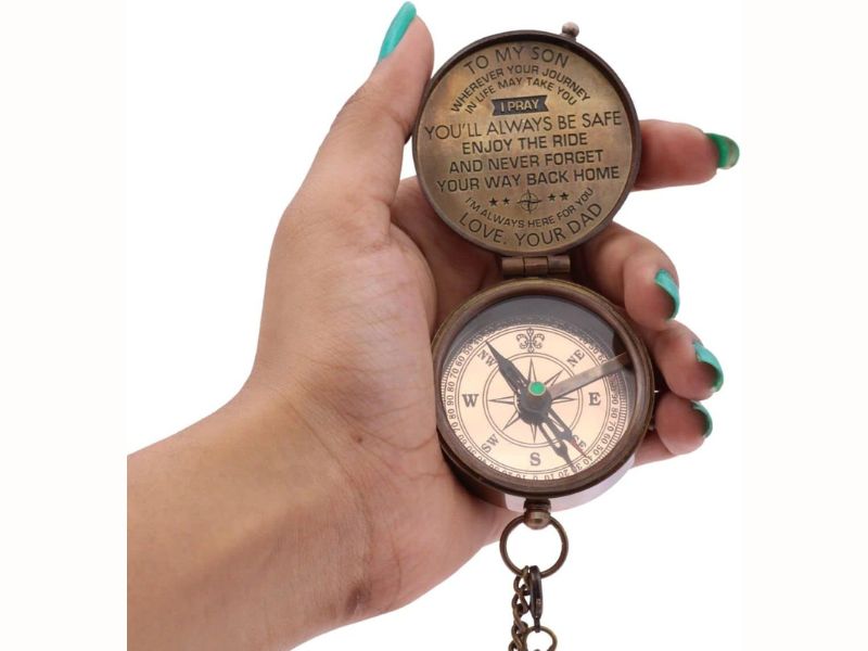 To My Son Compass from Dad – Solid Brass Engraved Compass with Leather Case – Inspirational Gift for Son – Graduation, Birthday, Christmas, Adventure, Keepsake Compass for Men, Boys, Travelers