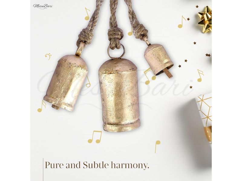 Set of 3 Gold Brass Cow Bells with Jute Hanging Rope – Rustic Wind Chime for Home, Garden, Meditation Room, Yoga Studio & Buddhist Altar – Decorative Hanging Bells (5.5\