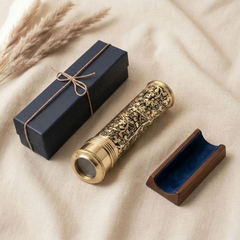 Handmade Kaleidoscope | Etched Brass with Three-Mirror System | Lampworking Glass Beads | Antique Brass Finish Wooden Display Stand | Vintage Nautical Decor for Adults & Collectors