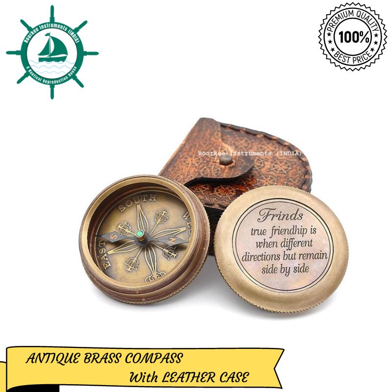 Brass Compass for Friendship True Friendship is When Different Directions but Remains Side by Side. with Leather Case