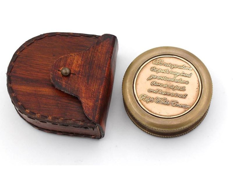 Ralph Waldo Emerson Quote Compass – “Do Not Go Where The Path May Lead” Engraved Brass Compass with Wooden Leather Case, Inspirational Graduation Gift, Adventure Keepsake for Men, Women, Son, Daughter