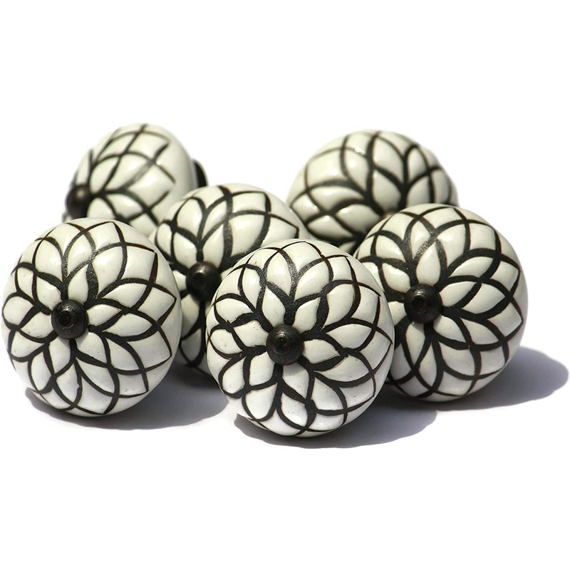 Set of 6 Vintage Theme Black and White Ceramic Knobs - Cabinet knobs - Drawer knobs - Cabinet pulls - Door knobs (Lotus)