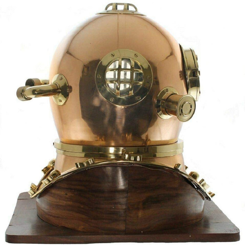 US Navy Full-Size Replica US Navy Mark V Brass Diving Helmet Wood Base Solid Scuba Sea Replica Us Brass Vintage Deep Sea Solid Marine Helmet for Office & Home Decor