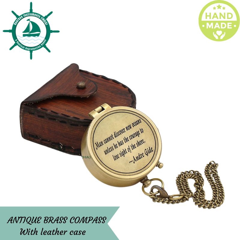 Nautical Quote Engraved &amp;quot;Man Cannot Discover&amp;quot; Brass Compass With Leather Case for Camping Trekking Hiking