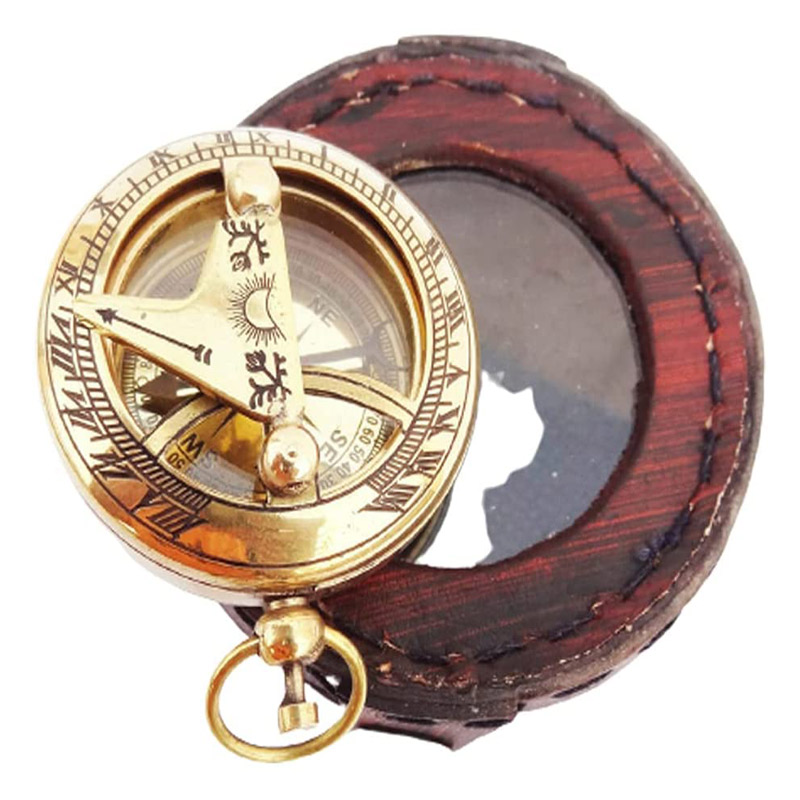 Antique Vintage Brass Solid Push Button Sundial Compass with Leather Box Working Fully Functional Compasses for Hiking Trekking Navigation Instrument