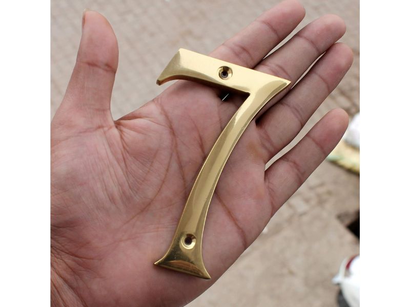 4" Solid Brass House Door Number 7 – Vintage Hotel Style Numeric Plaque | Handmade Polished Gold Finish Digit Seven Sign