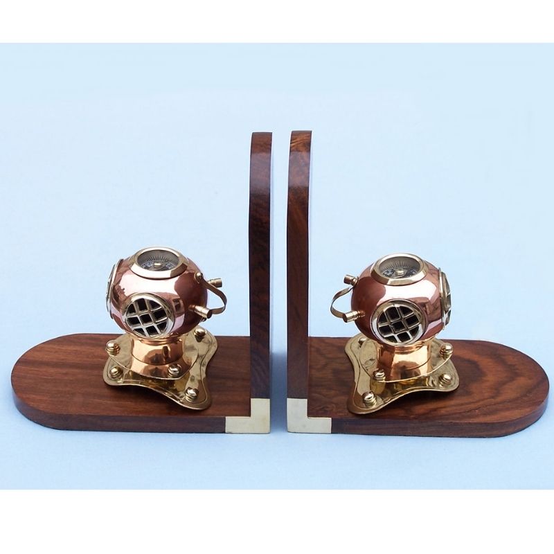 Handmade Wooden Brass Diving Helmet Bookends Set | Nautical Maritime Office Desk Library Decor