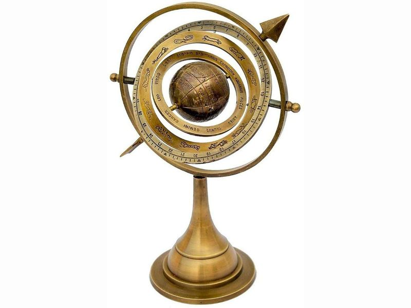 10" Antique Brass Armillary Sphere with Sundial Arrow | Vintage Celestial Globe Astrolabe | Handcrafted Nautical Maritime Décor | Engraved Zodiac Globe on Wooden Base | Home Office Desk Ornament