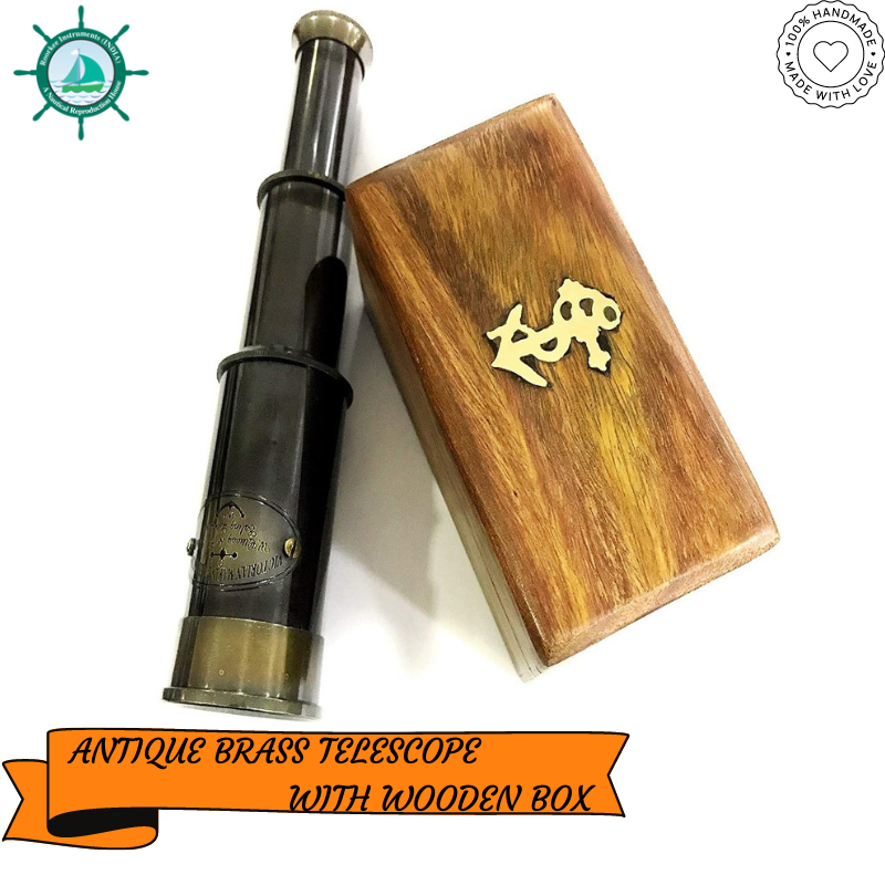 6 inches Handheld Brass Telescope - Pirate Navigation Wooden Box (Antique Black)