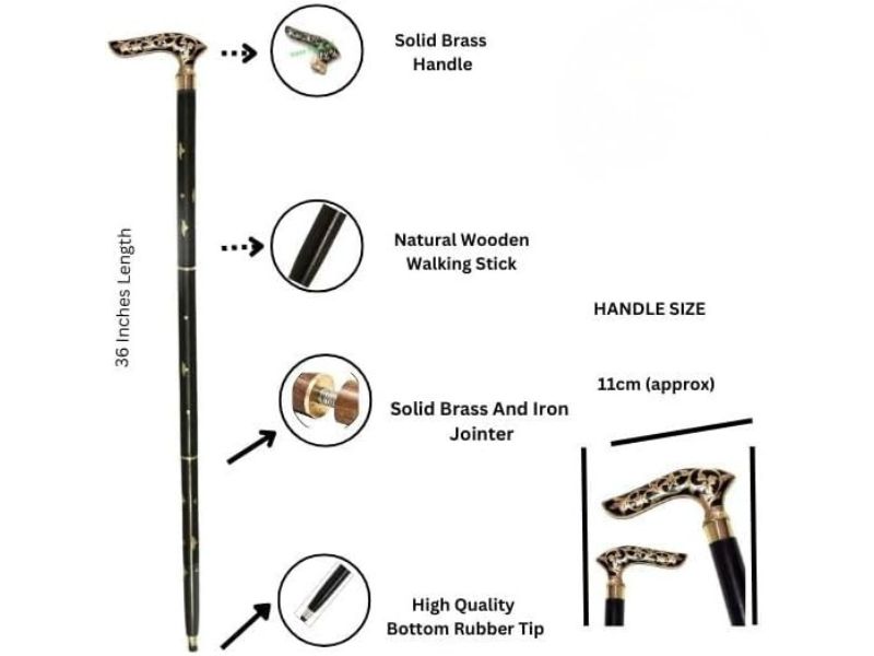 Brass Walking Solid Vintage Designer Victorian Simple Wooden Cane Antique Style Folding Walking Stick 36" Inches with Brass Handle for Men and Women
