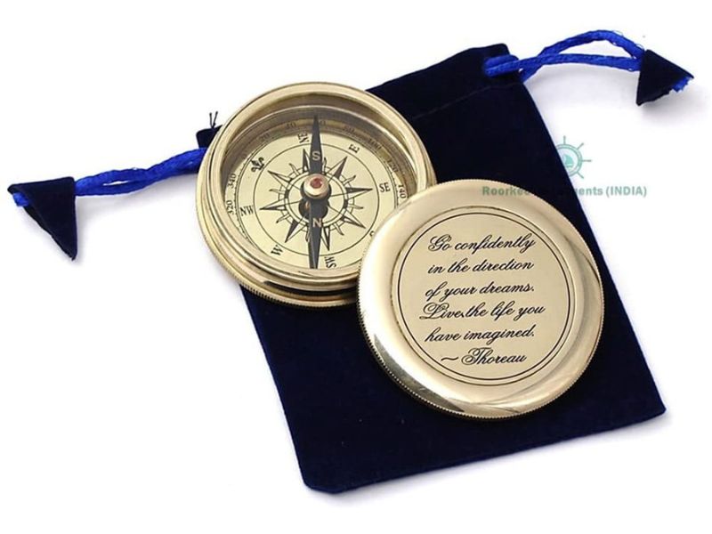 Go Confidently” Quote Brass Compass with Velvet Pouch | Henry David Thoreau Engraved Compass | Inspirational Graduation Gift | Working Directional Pocket Compass for Men, Son, Husband, Traveler