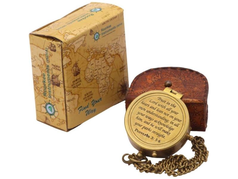 Trust in The Lord, Proverbs 3:5-6 | Solid Brass Engraved Compass with Leather Case | Christian Gifts for Men, Boys & Girls | Baptism, First Communion, Confirmation, Inspirational Faith Gift