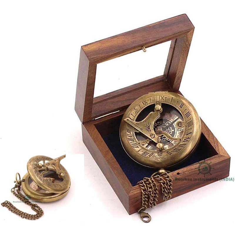 Antique Nautical Vintage Directional Magnetic Sundial Clock Pocket Marine Compass Essential Baptism Gifts with Wooden Display Case for Loved Ones, Son, Partner, Spouse, Fiancé 3 inches