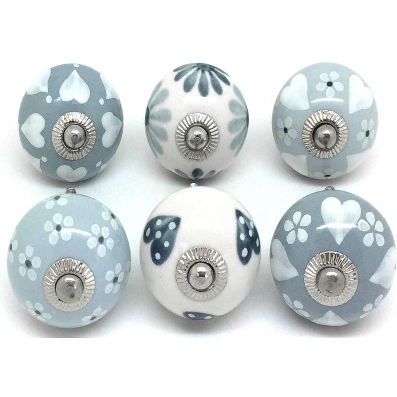 Knobs Grey & White Cream Rare Hand Painted Ceramic Knobs Cabinet Drawer Pull Pulls (6 Knobs)