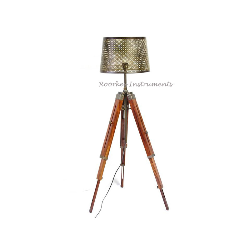 Teak Wood Tripod Floor Lamp with Heavy Metal Shade Antique color