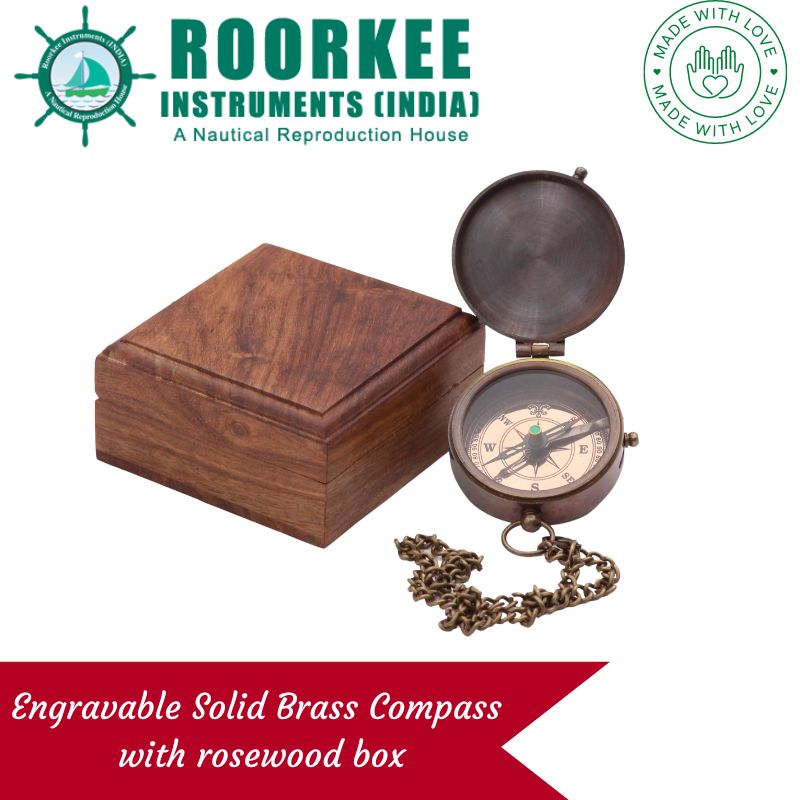 Engravable Solid Brass Fully Functional Compass with Hard Wood Case 