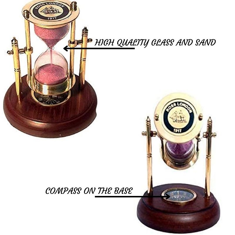 Antique Brass Sand Timer with Compass On Wooden Base Hour Glass Clock Nautical Hourglass Theme Decor A Great Item for Home Decorations (Height 5 Inches 1 Minute) 