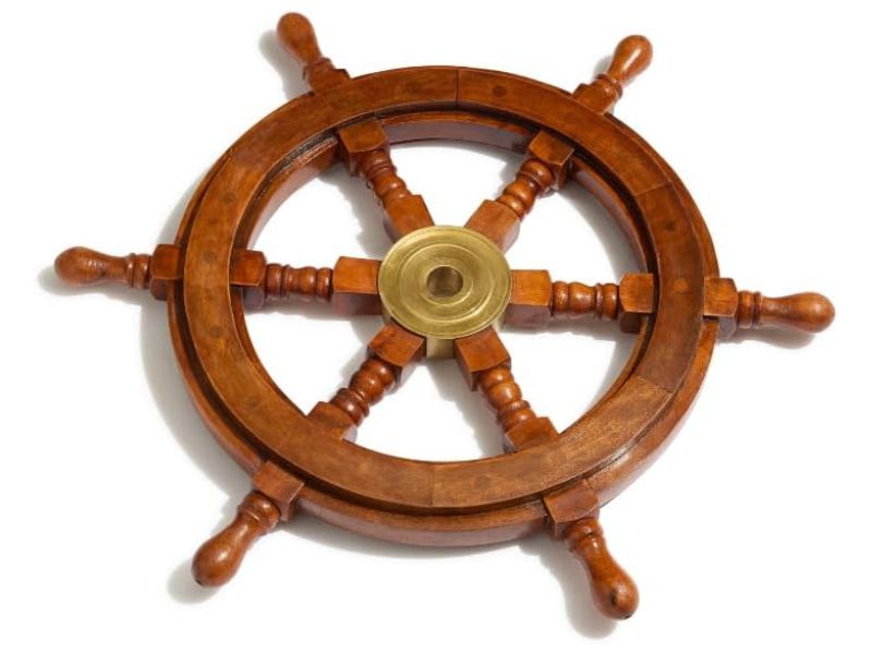 Wooden Ship Wheel Wall Decor 12" with Brass Center – Handcrafted Nautical Steering Wheel for Coastal Beach House, Office & Restaurant | Maritime Sailboat Captain’s Wheel Gift