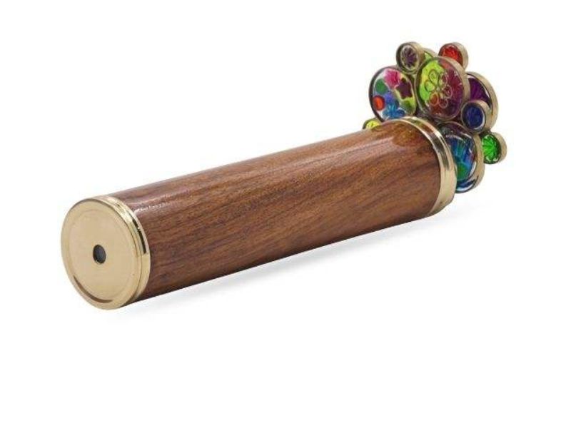 Handcrafted Wooden Brass Kaleidoscope with Colorful Flower Wheels Optical Art Collectible Toy and Gift