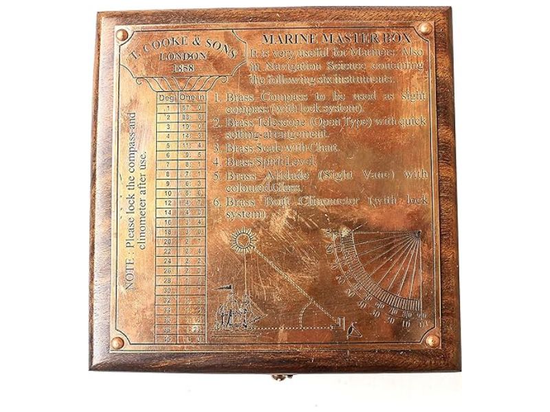 Antique Marine Master Instrument Box – Brass Telescope, Compass, Spirit Level, Alidade & Scale in Wooden Case – Nautical Navigation Chart Collectible | Vintage Maritime Gift for Collectors & Decor