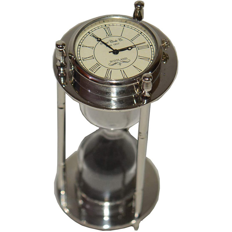 Decorative Brass Antique Style 6&amp;quot; Sand Timer one Side Compass and one Side Watch Good Collectible Hourglass