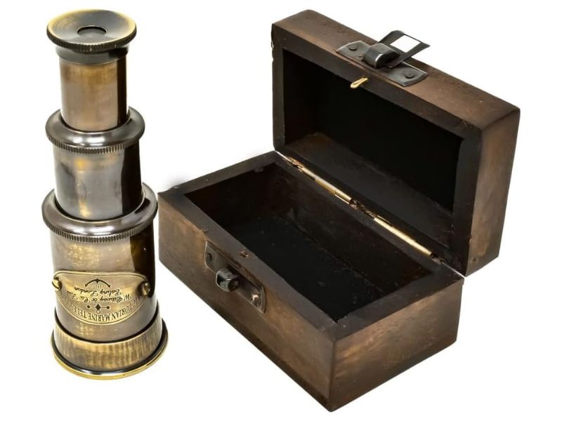Handcrafted Vintage Brass Spyglass Telescope with Wooden Box – Victorian Marine Style Collapsible Pirate Scope | Nautical Decor, Collectible Gift for Men, Explorer & Maritime Enthusiasts