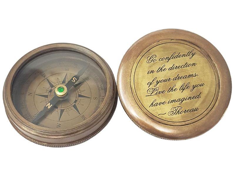 Go Confidently in the Direction of Your Dreams” Engraved Brass Compass with Leather Case – Inspirational Thoreau Quote Compass for Graduation, Retirement & Travel Gifts