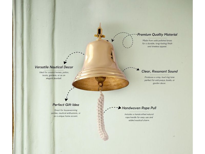 Brass Ship Bell with Rope Pull – 7 Inch Wall Mount Heavy-Duty Polished Brass Nautical Bell | Loud Marine Doorbell for Boat, Bar, Patio, Garden, Home Decor | Indoor Outdoor Vintage Wall Accent