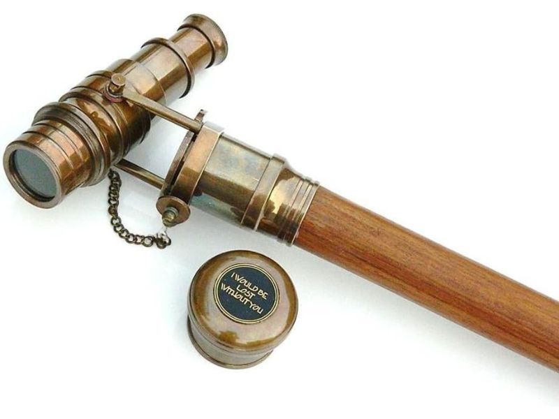 Brass Telescope Walking Stick – Vintage Nautical Spyglass Cane with Wooden Shaft – Handheld Collapsible Monocular Telescope – Antique Maritime Collector’s Gift for Men